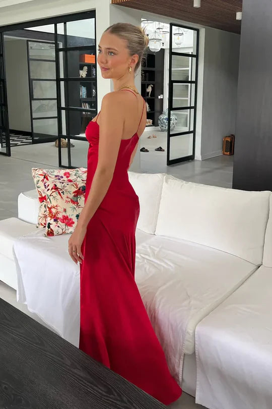 Spaghetti Straps Satin A-Line Party Prom Dress With Slit